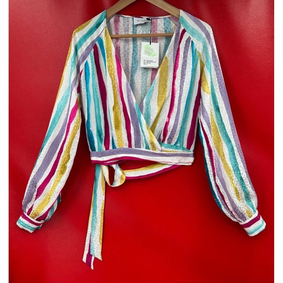 Art Dealer Rainbow Stripes 100% Silk Wrap Tie Waist Short Top Made Italy M NWT - Picture 4 of 11